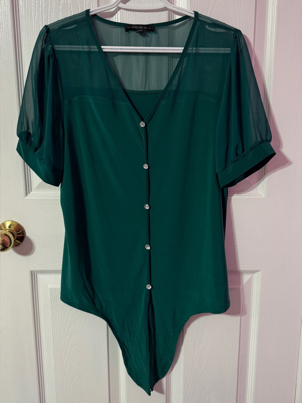 Atelier 35 Emerald Green V-Neck Button-Front Blouse